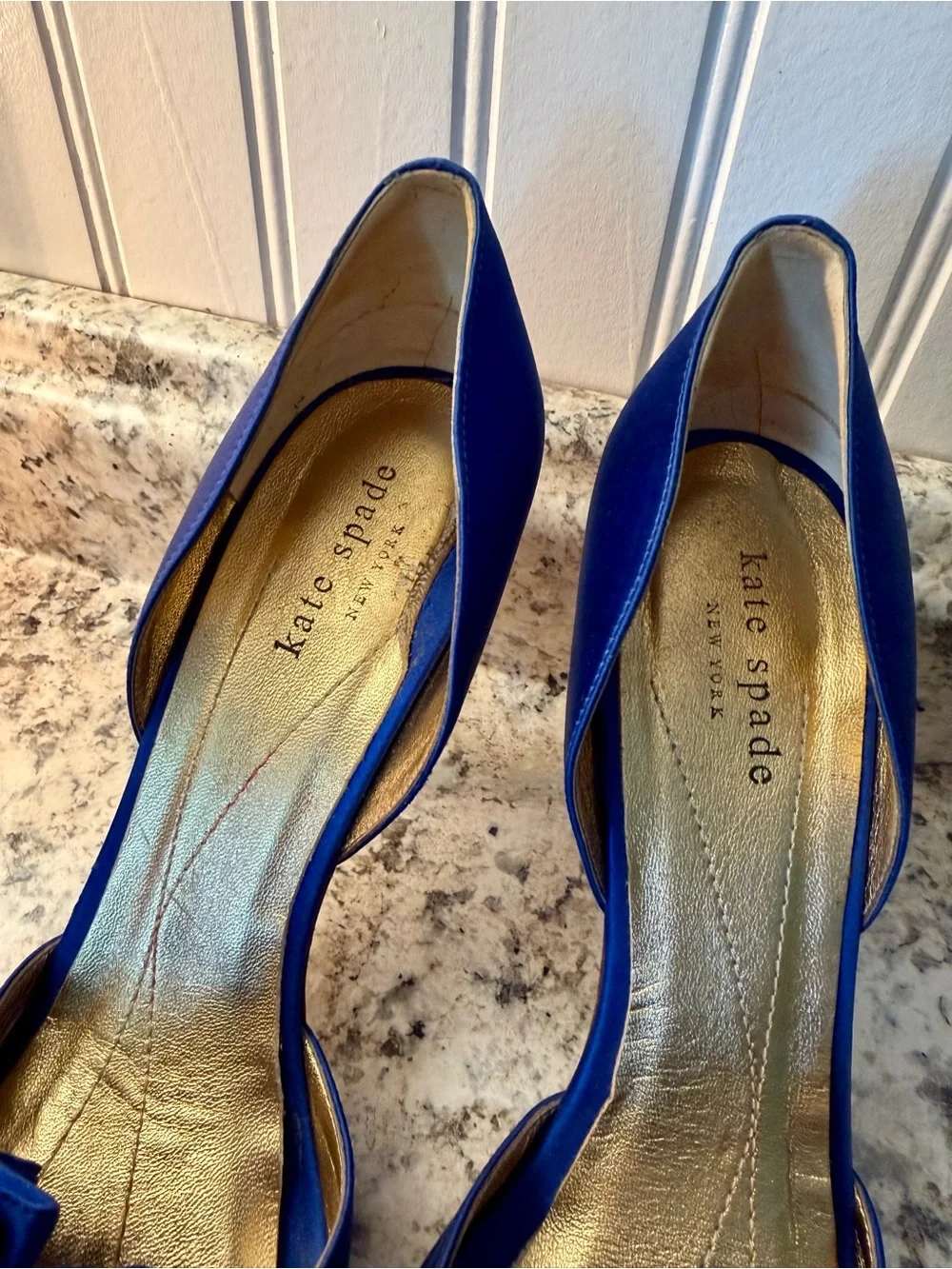 kate spade cobalt blue satin peep-toe heels with ruffle wedding royal prom event